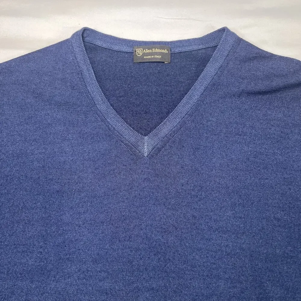 Allen Edmonds Sweater Mens Size XL Navy Blue V-Neck Fine Merino Wool Italy *READ